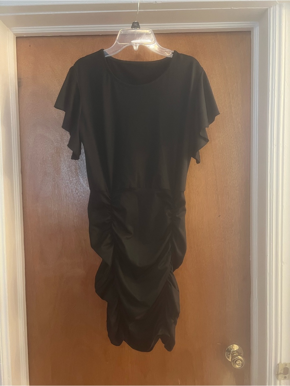 SHEIN Women’s Black Ruched Dress with Short Flutter Sleeves and Round Neck